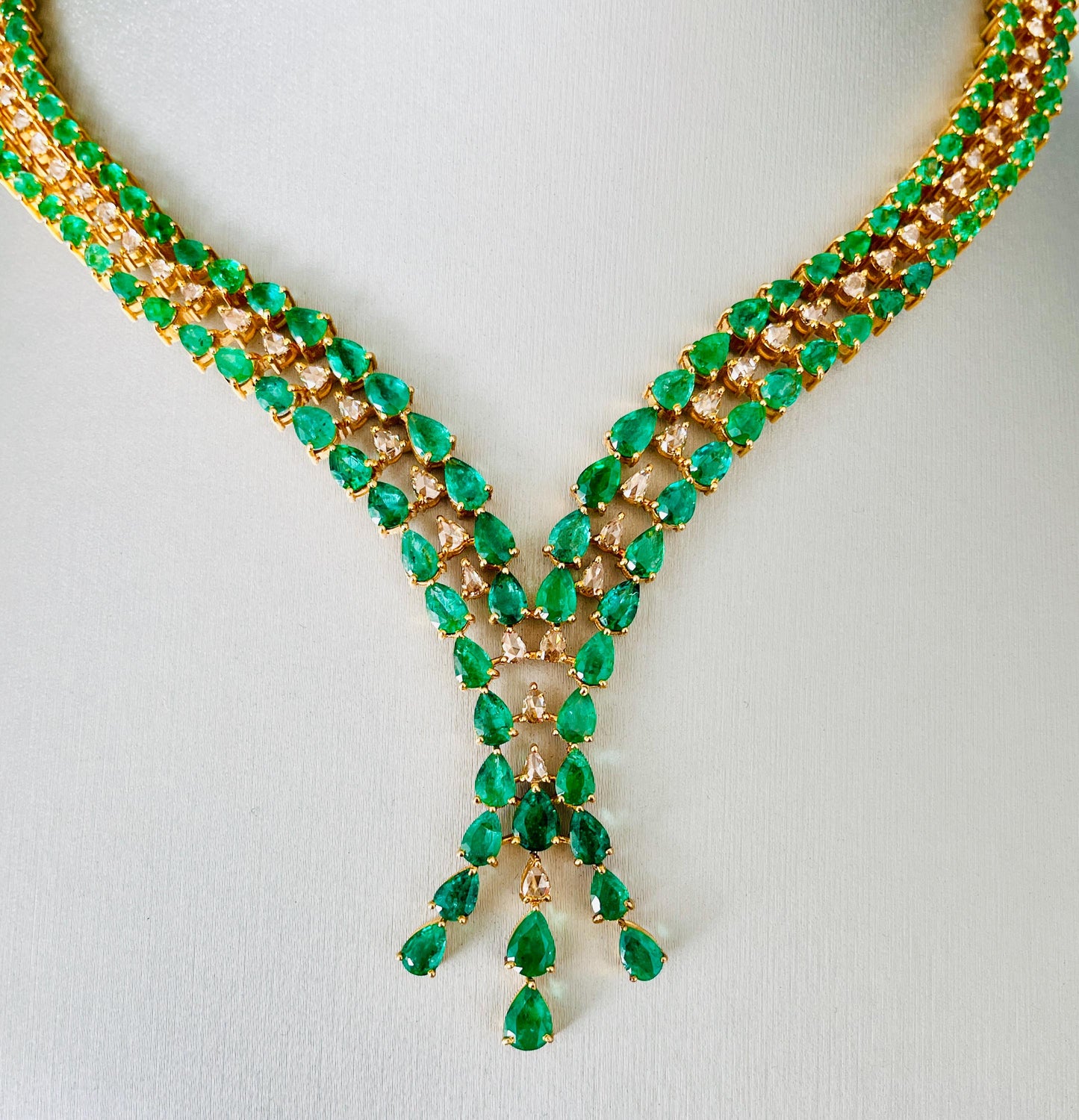 14k Gold Natural Zambian Emerald & Rose Cut Diamond Necklace - 25.94 Carats Emerald, 3.4 Carats Diamond Victorian Necklace