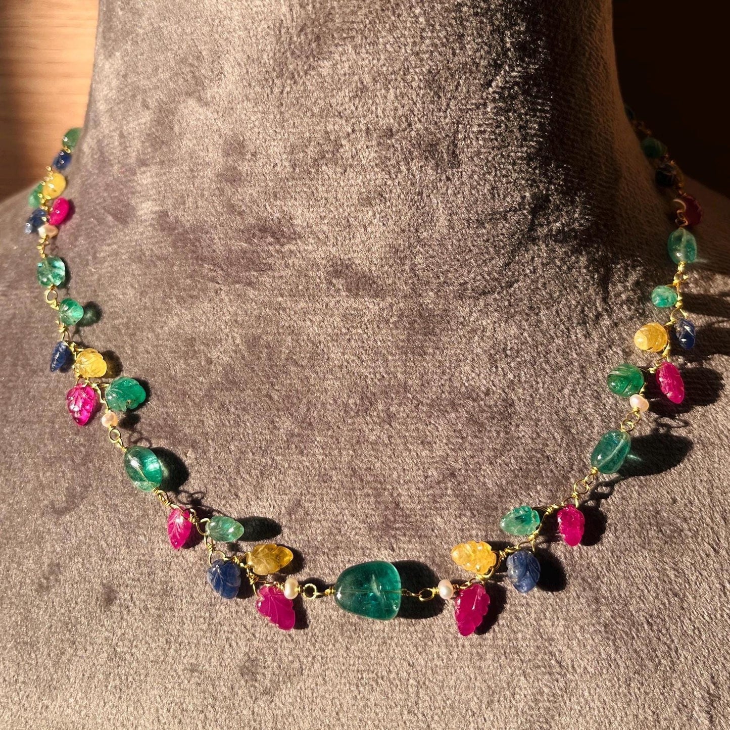 The Celeste Garland Necklace II - 14k Gold Natural Zambian Emerald, Sapphire & Ruby Art Nouveau Beaded Necklace