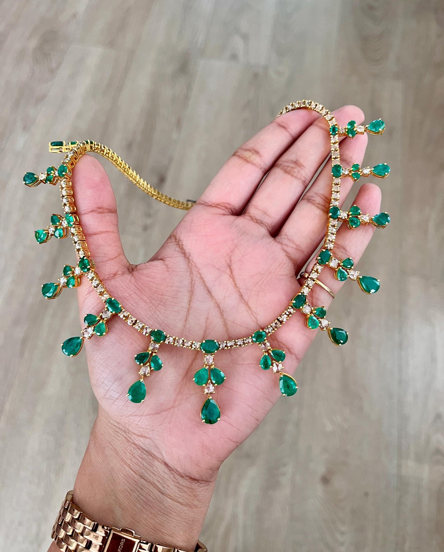 14k Gold Natural Zambian Emerald & Rose Cut Diamond Necklace - 24.21 Carats Emerald, 12.91 Carats Diamond Victorian Necklace