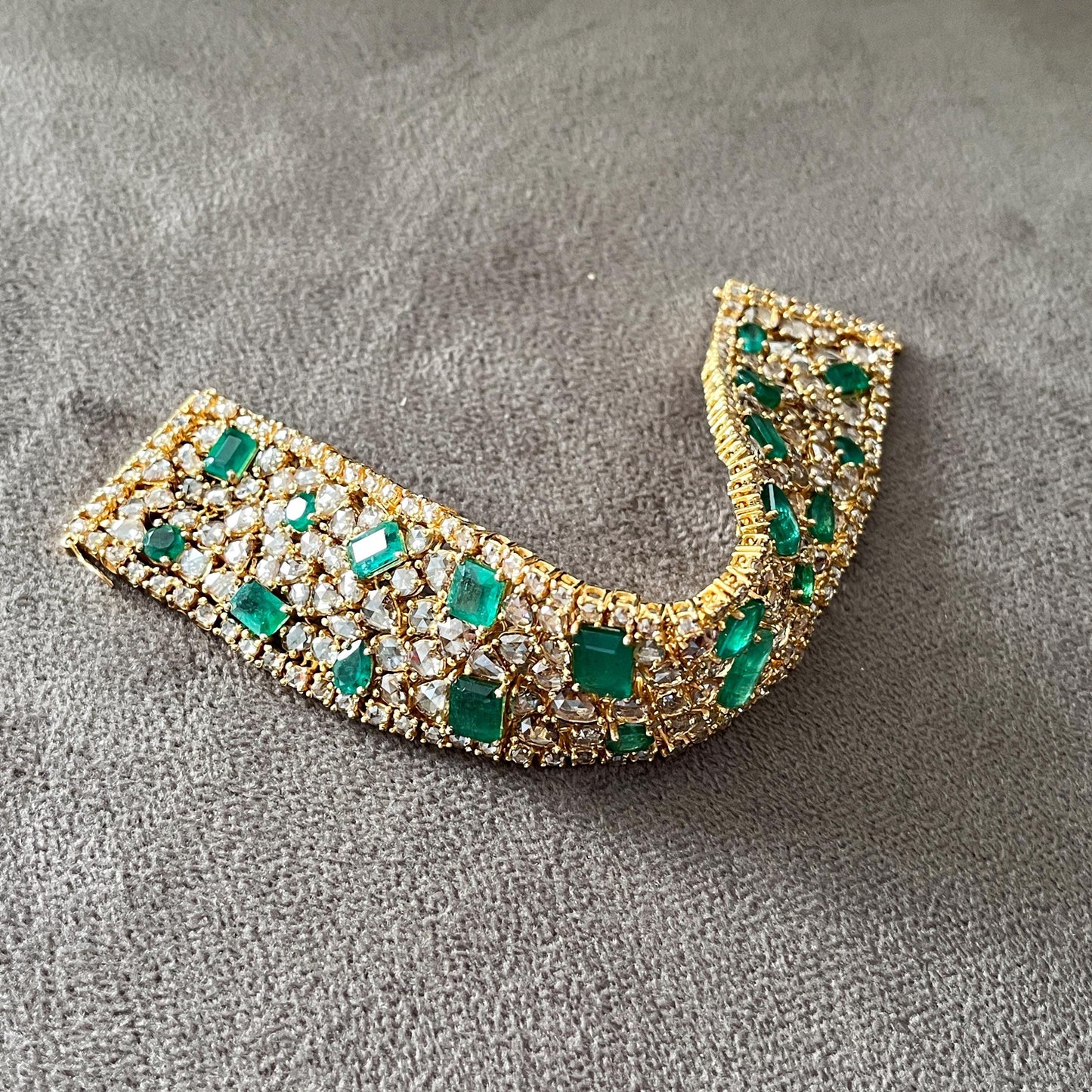 14k Gold Natural Zambian Emerald & Rose Cut Diamond Bracelet - 23.75 Carats Emerald, 31.1 Carats Diamond Victorian Bracelet