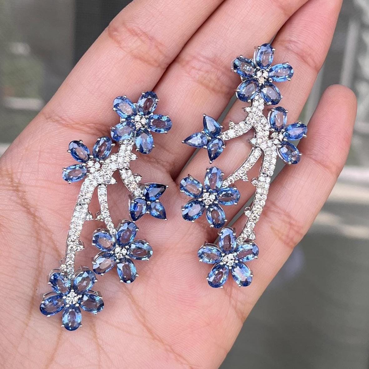 14k Gold Natural Blue Sapphire & Diamond Earrings - 21.48 Carats Sapphire, 1.83 Carats Diamond Art Nouveau Earrings