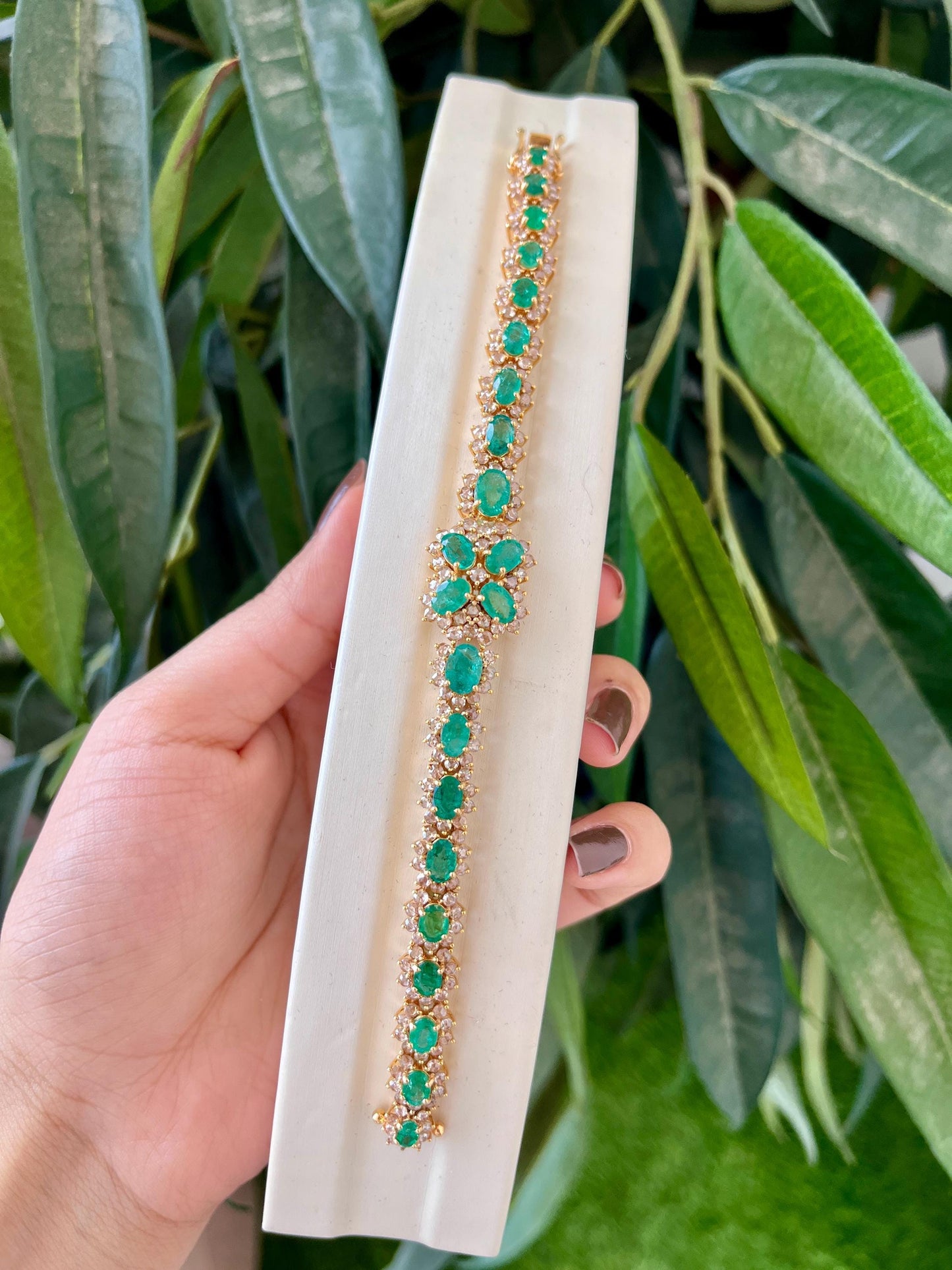14k Gold Natural Zambian Emerald & Rose Cut Diamond Bracelet - 9.4 Carats Emerald, 4.35 Carats Diamond Art Deco Bracelet