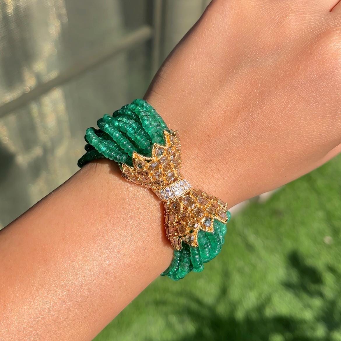 14k Gold Natural Zambian Emerald & Diamond Bracelet - 159.29 Carats Emerald, 6.3 Carats Diamond Victorian Beaded Bracelet