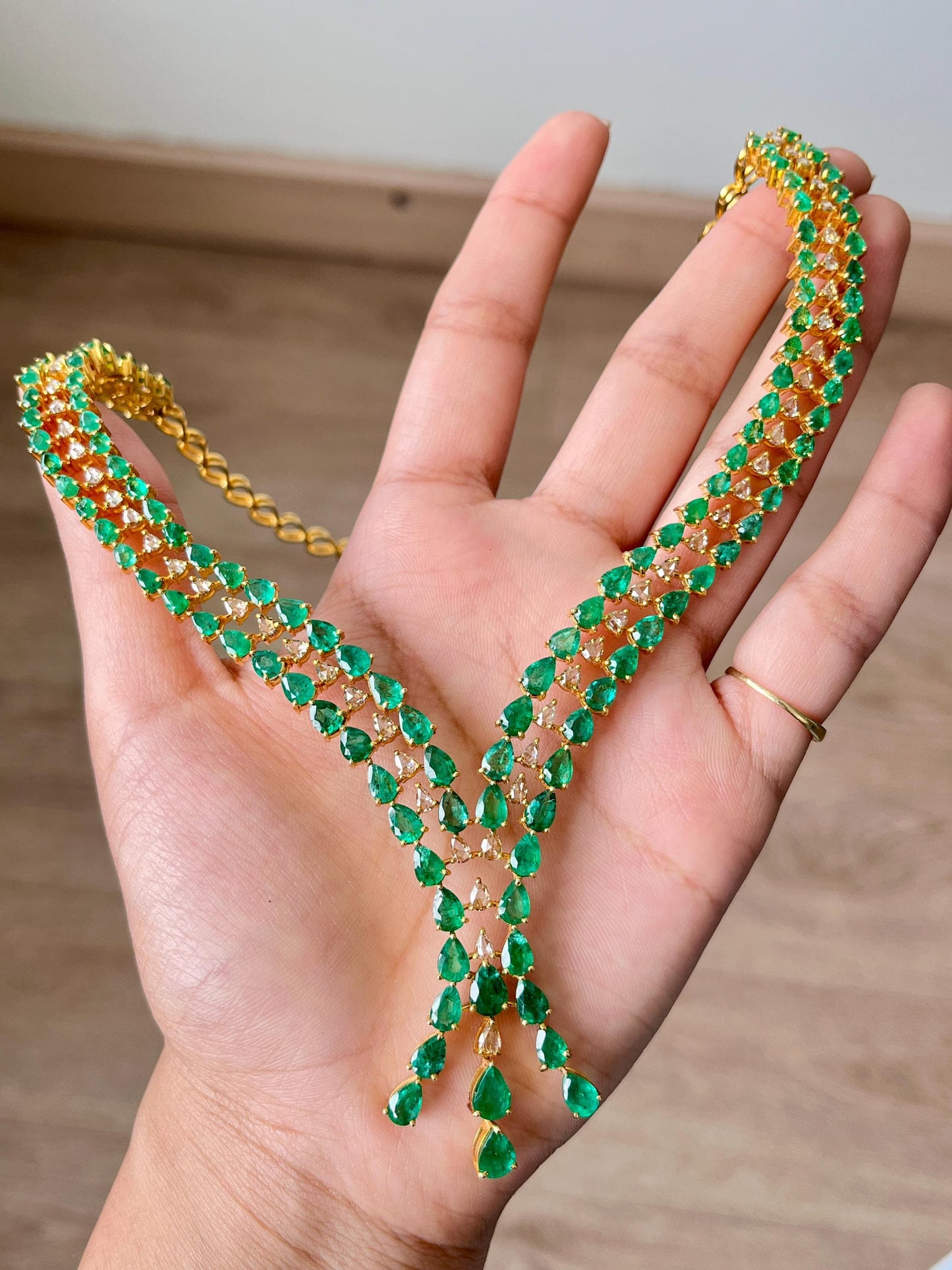 14k Gold Natural Zambian Emerald & Rose Cut Diamond Necklace - 25.94 Carats Emerald, 3.4 Carats Diamond Victorian Necklace