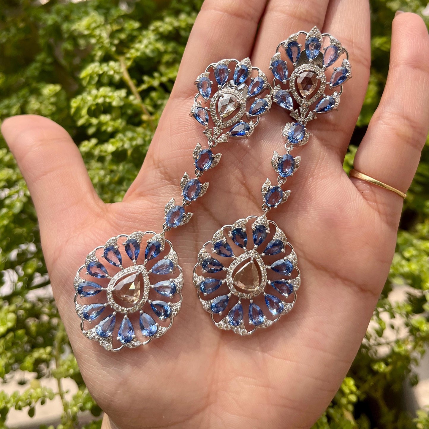 14k Gold Natural Blue Sapphire & Diamond Earrings - 19.5 Carats Sapphire, 3.74 Carats Diamond Victorian Earrings