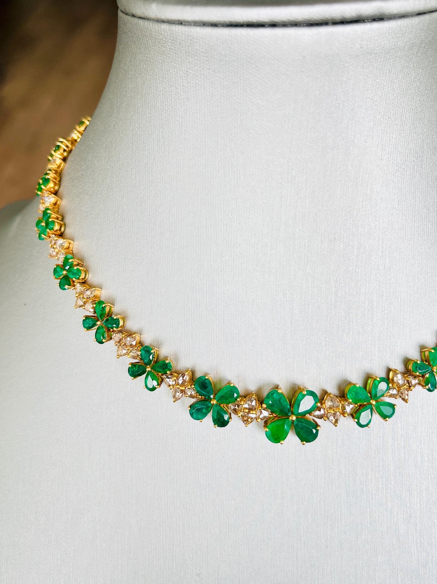 14k Gold Natural Zambian Emerald & Rose Cut Diamond Necklace - 15.6 Carats Emerald, 6.47 Carats Diamond Victorian Necklace