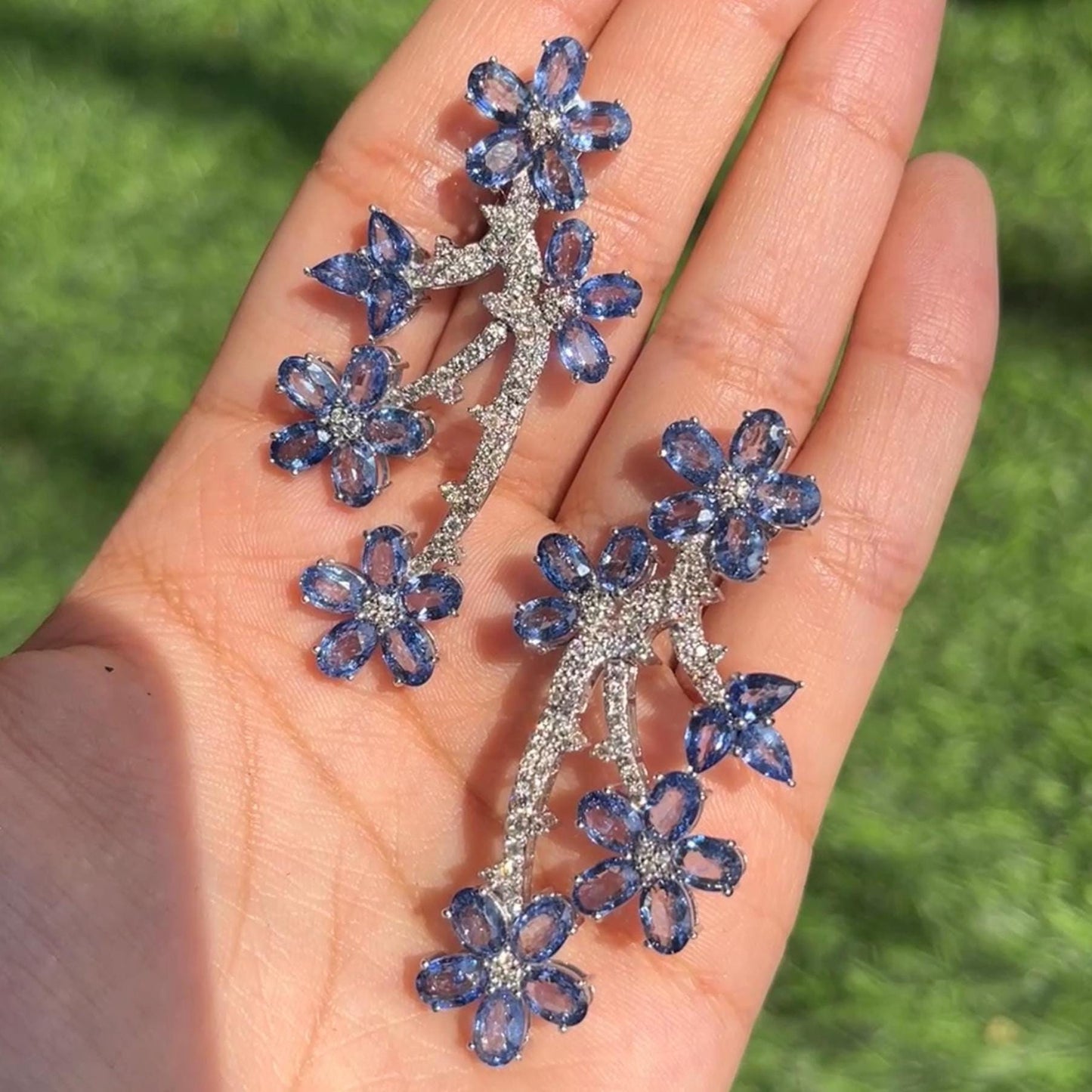 14k Gold Natural Blue Sapphire & Diamond Earrings - 21.48 Carats Sapphire, 1.83 Carats Diamond Art Nouveau Earrings