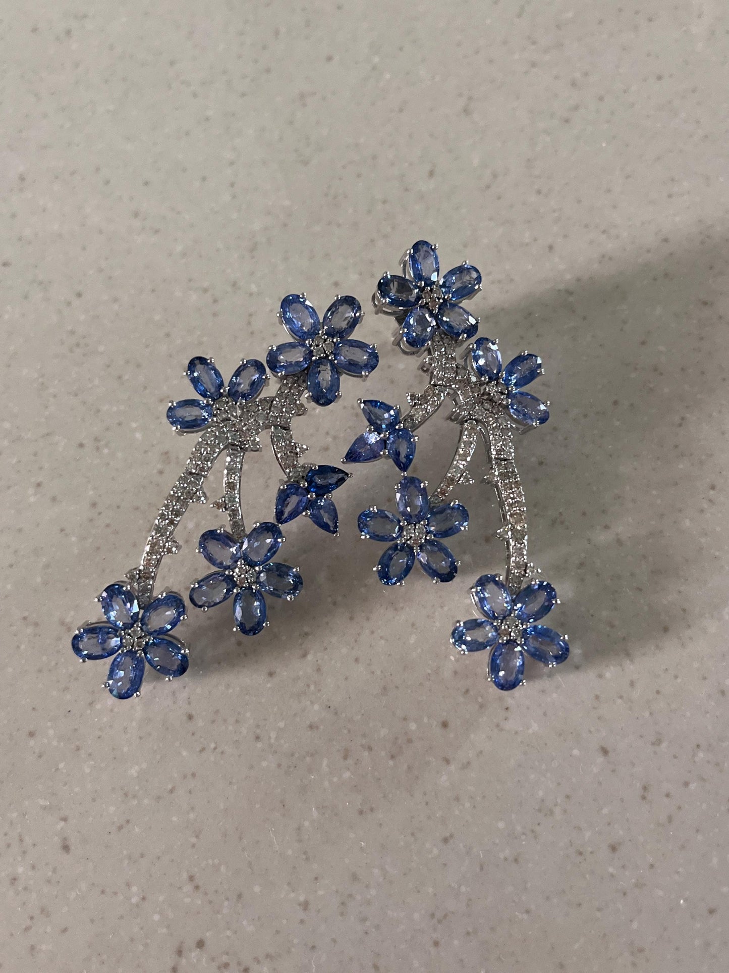 14k Gold Natural Blue Sapphire & Diamond Earrings - 21.48 Carats Sapphire, 1.83 Carats Diamond Art Nouveau Earrings