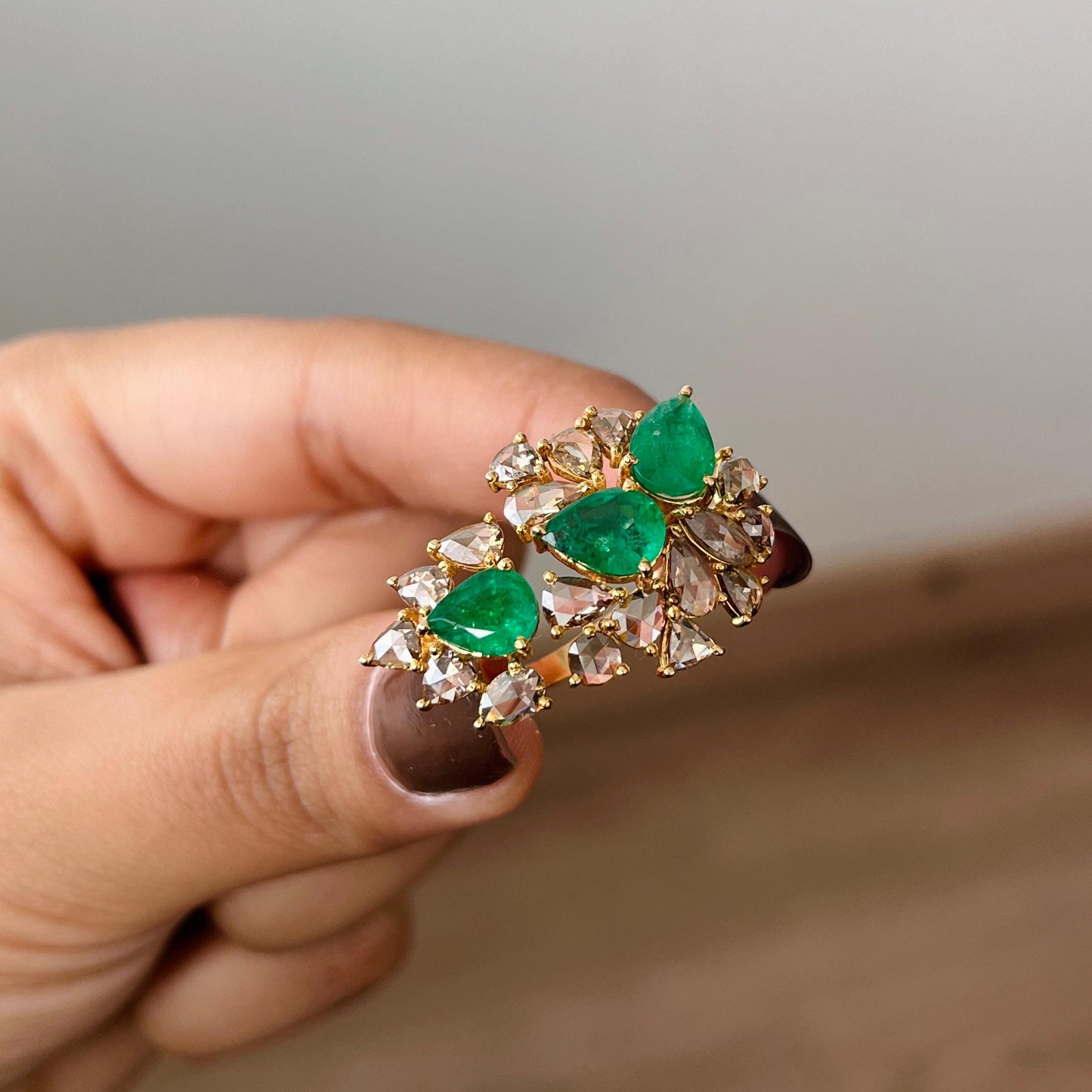 14k Gold Natural Zambian Emerald & Rose Cut Diamond Ring - 3.01 Carats Emerald, 2.1 Carats Diamond Victorian Ring