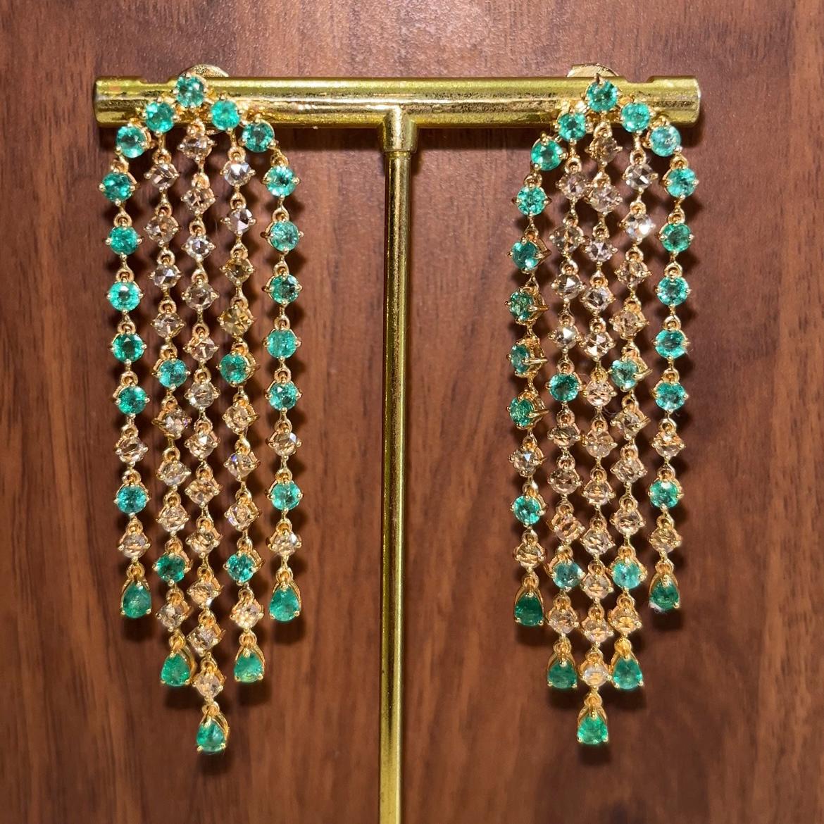 14k Gold Natural Zambian Emerald & Rose Cut Diamond Art Deco Earrings