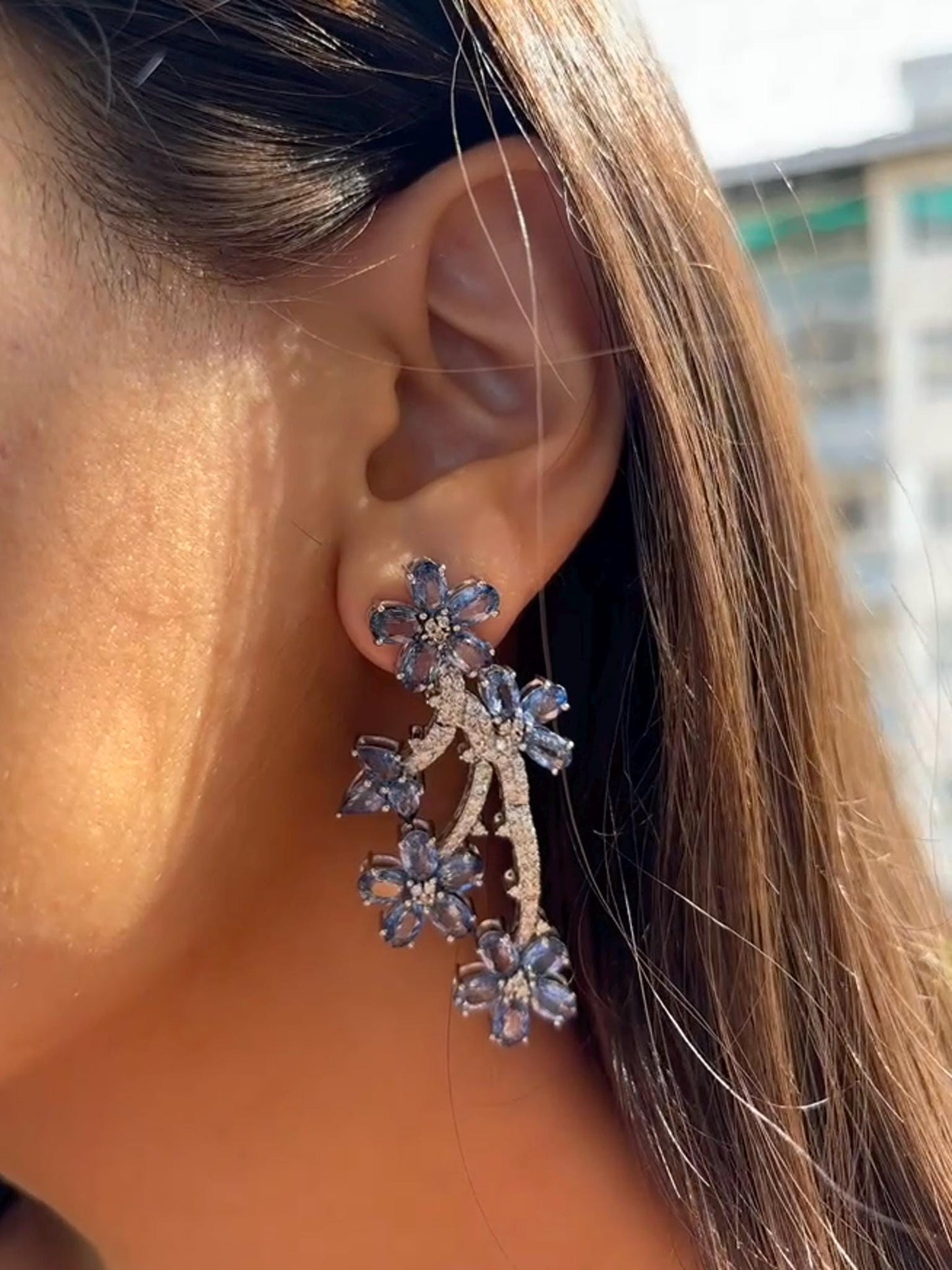14k Gold Natural Blue Sapphire & Diamond Earrings - 21.48 Carats Sapphire, 1.83 Carats Diamond Art Nouveau Earrings
