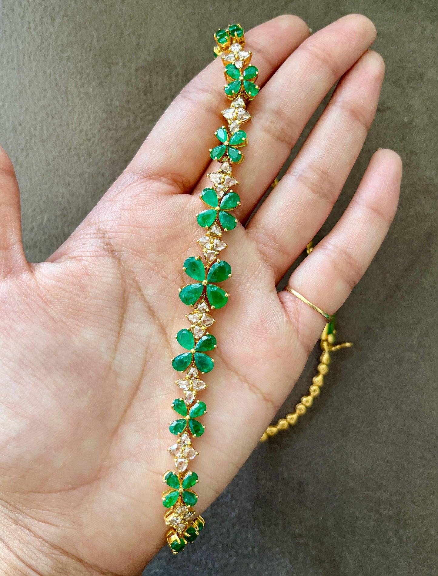 14k Gold Natural Zambian Emerald & Rose Cut Diamond Necklace - 15.6 Carats Emerald, 6.47 Carats Diamond Victorian Necklace