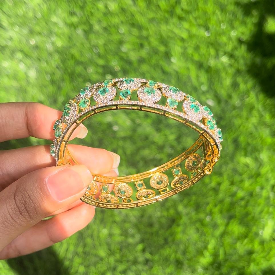 14k Gold Natural Zambian Emerald & Diamond Bracelet - 9.98 Carats Emerald, 8.34 Carats Diamond Art Nouveau Cuff Bracelet