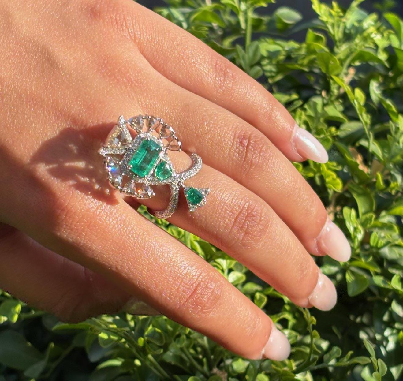 14k Gold Natural Zambian Emerald & Diamond Ring - 2.18 Carats Emerald, 2.45 Carats Diamond Art Deco Ring