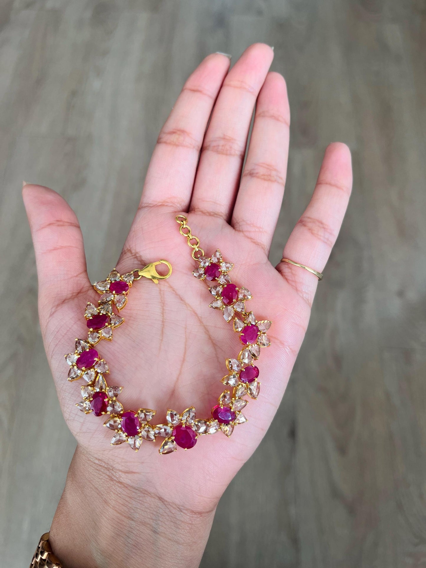 14k Gold Natural Ruby & Rose Cut Diamond Bracelet - 7.49 Carats Ruby, 9.03 Carats Diamond Art Nouveau Bracelet