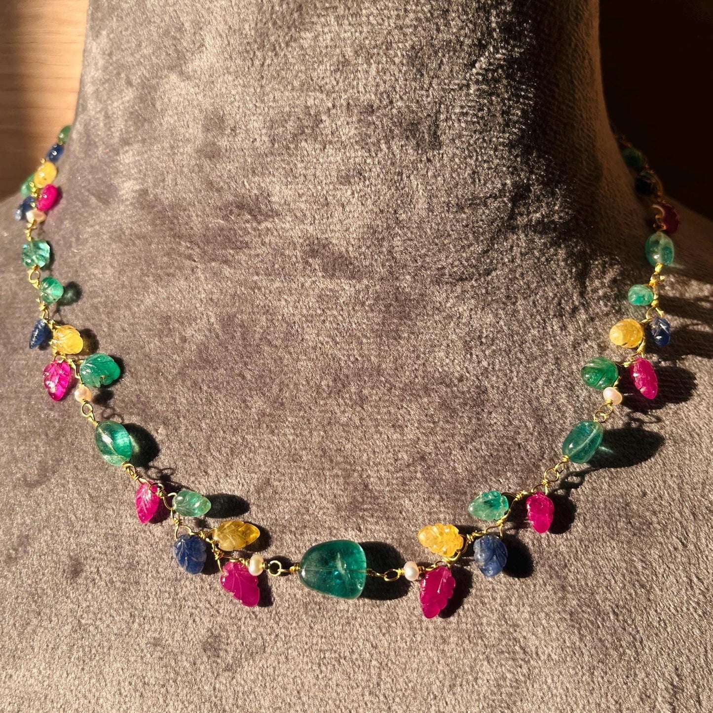 The Celeste Garland Necklace II - 14k Gold Natural Zambian Emerald, Sapphire & Ruby Art Nouveau Beaded Necklace