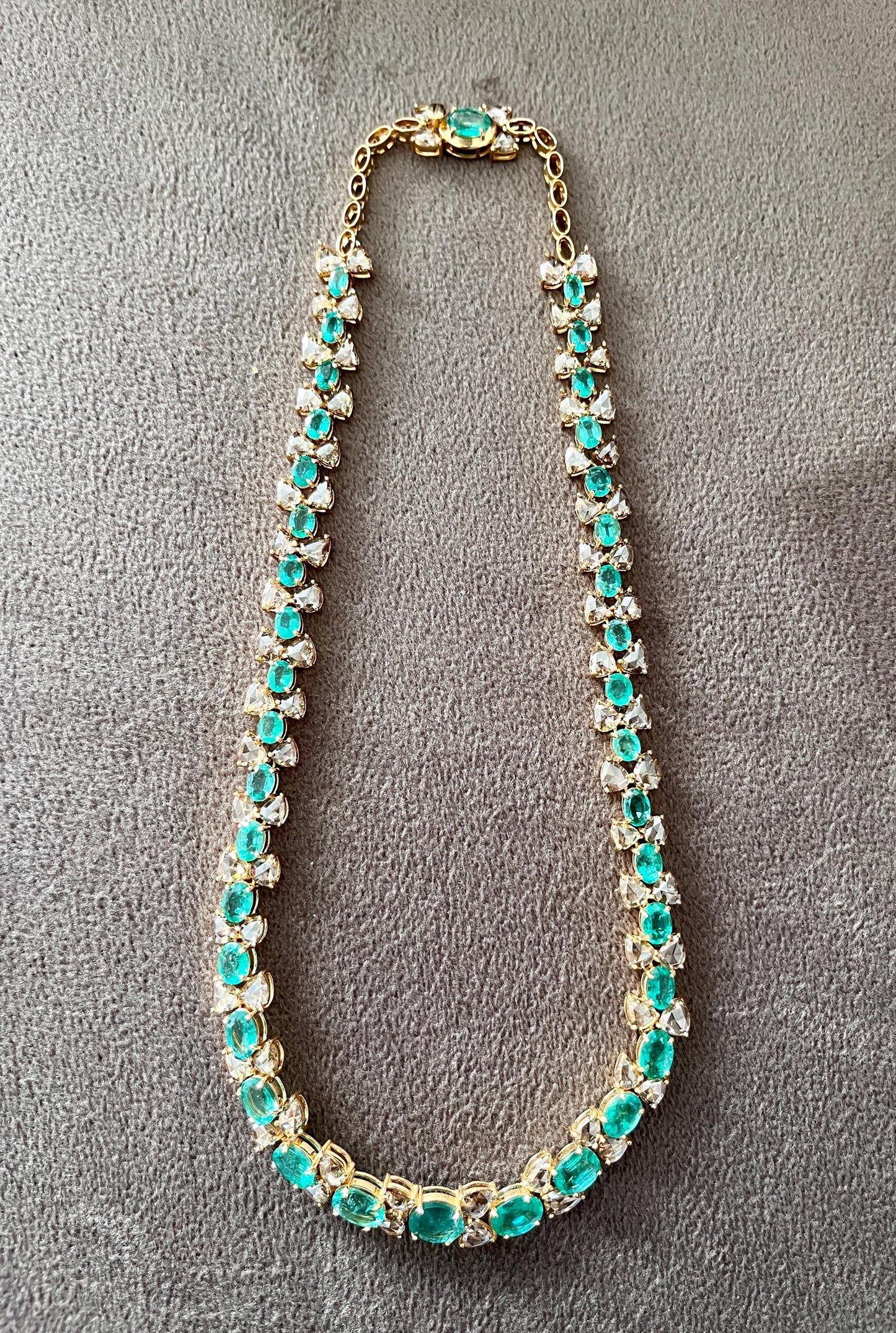 14k Gold Natural Zambian Emerald & Rose Cut Diamond Necklace - 19.25 Carats Emerald, 13.98 Carats Diamond Victorian Necklace