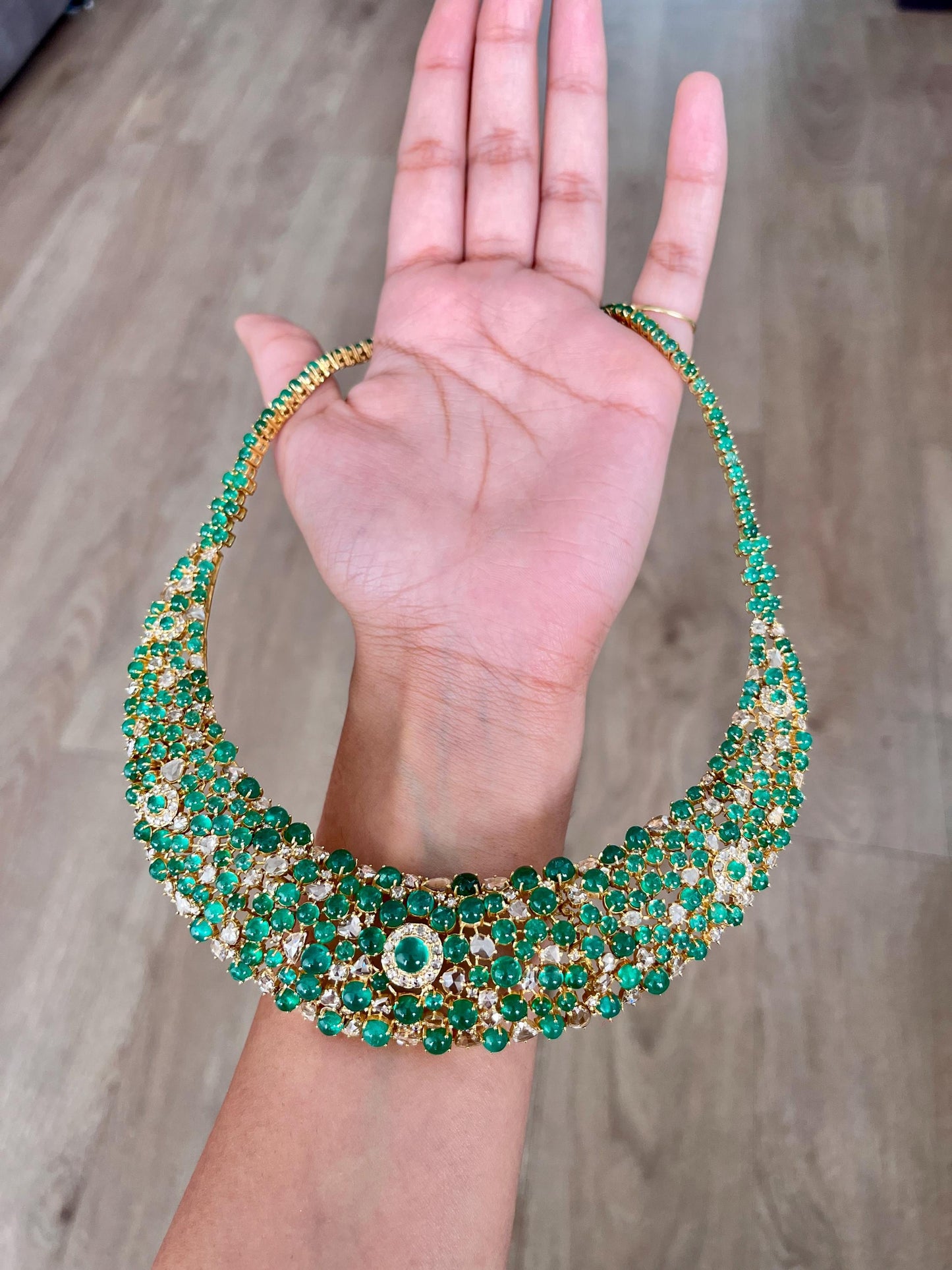 14k Gold Natural Zambian Emerald & Rose Cut Diamond Necklace - 56.43 Carats Emerald, 12.18 Carats Diamond Victorian Necklace