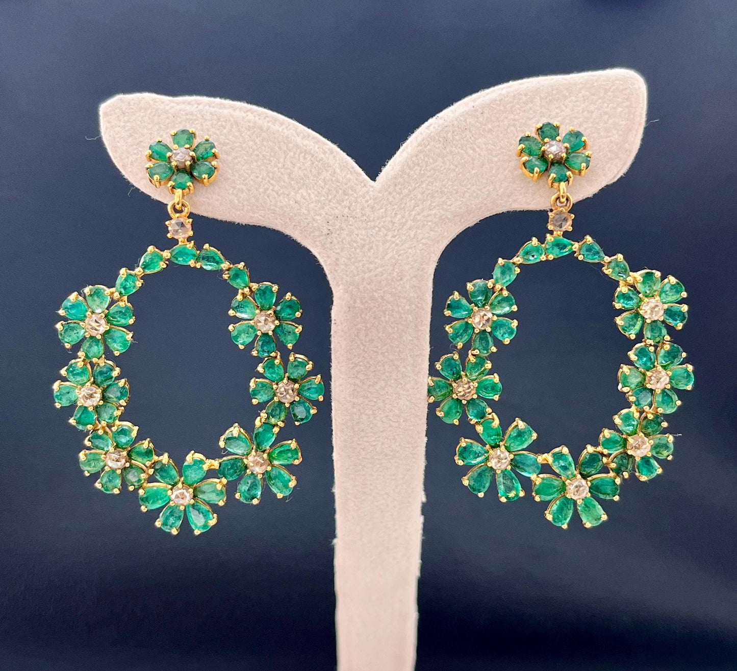 14k Gold Natural Zambian Emerald & Rose Cut Diamond Earrings - 15.62 Carats Emerald, 1.54 Carats Diamond Victorian Hoop Earrings