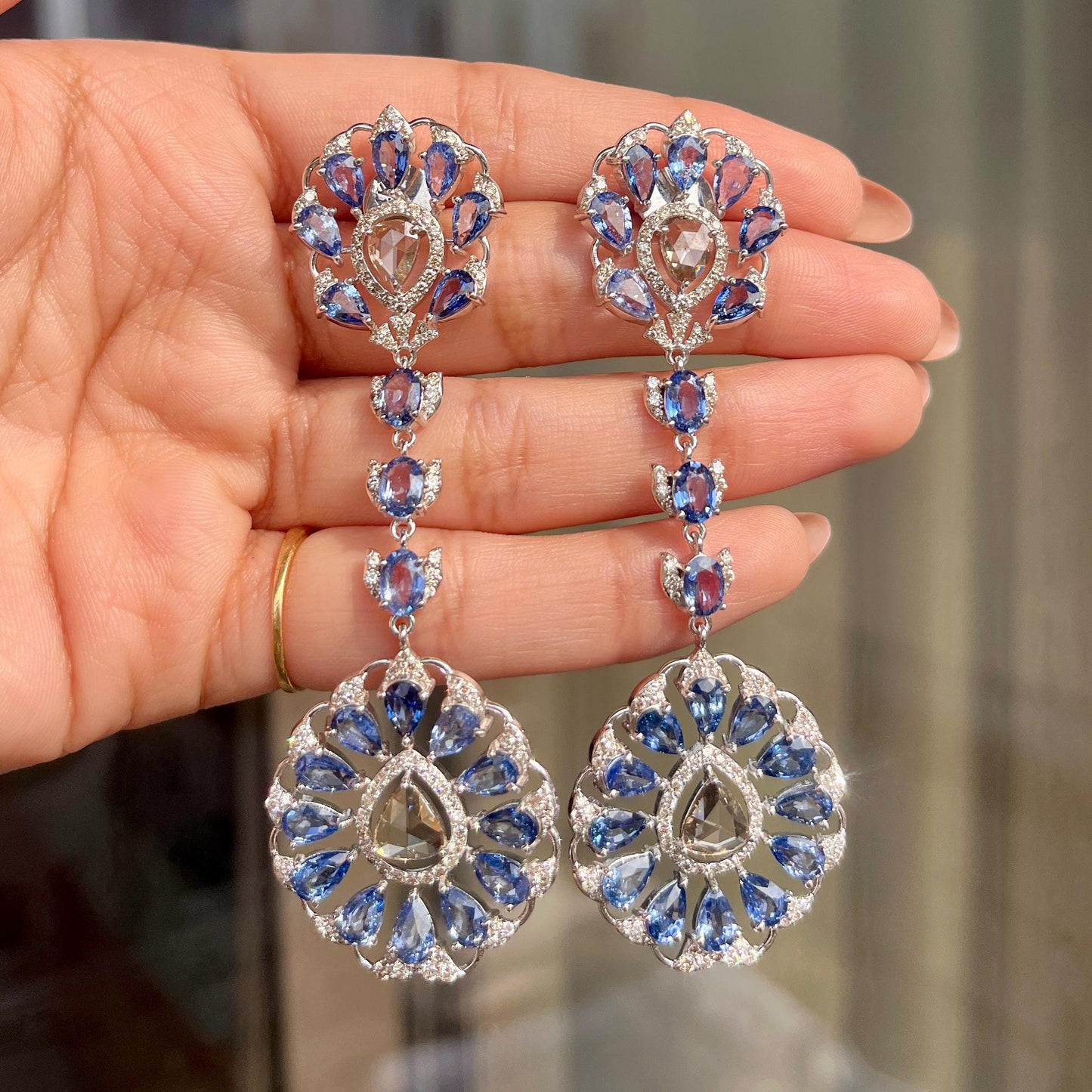 14k Gold Natural Blue Sapphire & Diamond Earrings - 19.5 Carats Sapphire, 3.74 Carats Diamond Victorian Earrings