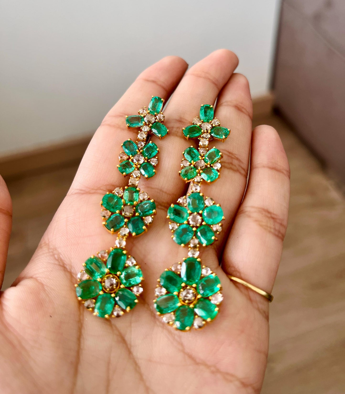 14k Gold Natural Zambian Emerald & Rose Cut Diamond Earrings - 19.01 Carats Emerald, 4.38 Carats Diamond Victorian Earrings