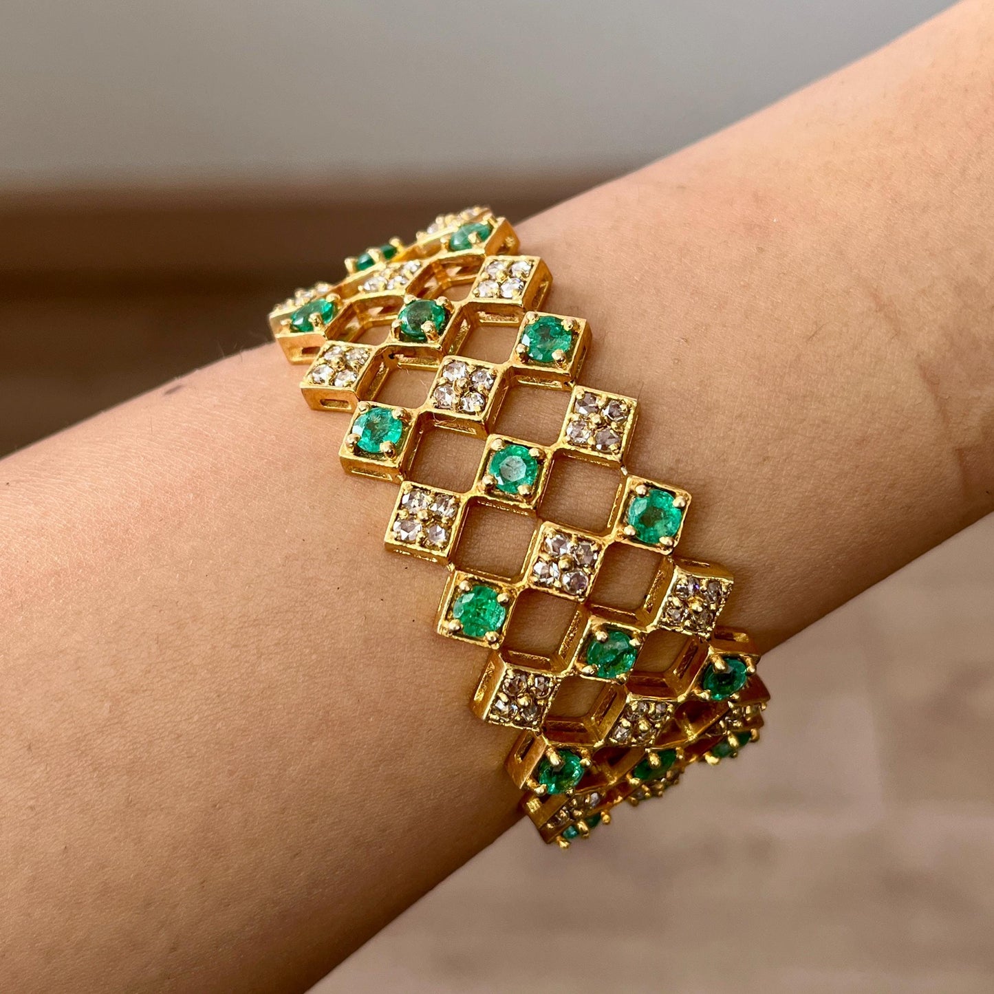 14k Gold Natural Zambian Emerald & Rose Cut Diamond Bracelet - 9.16 Carats Emerald, 5.48 Carats Diamond Art Deco Bracelet