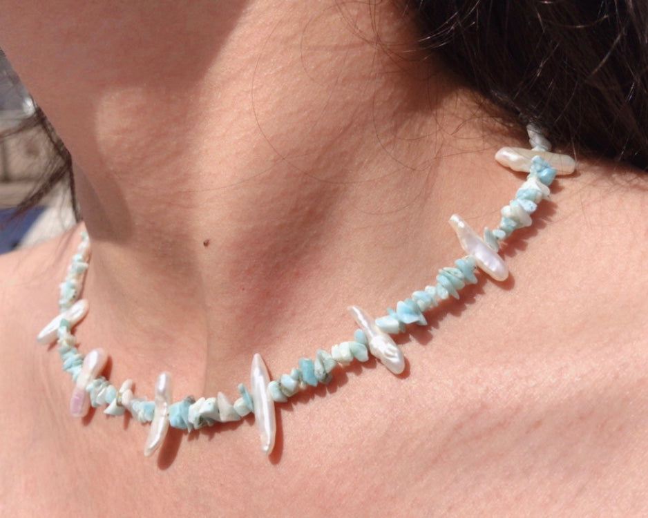 Larimar And Fresh Water Pearl Beaded Necklace