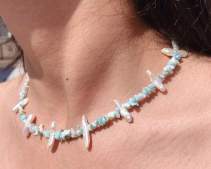 Larimar And Fresh Water Pearl Beaded Necklace