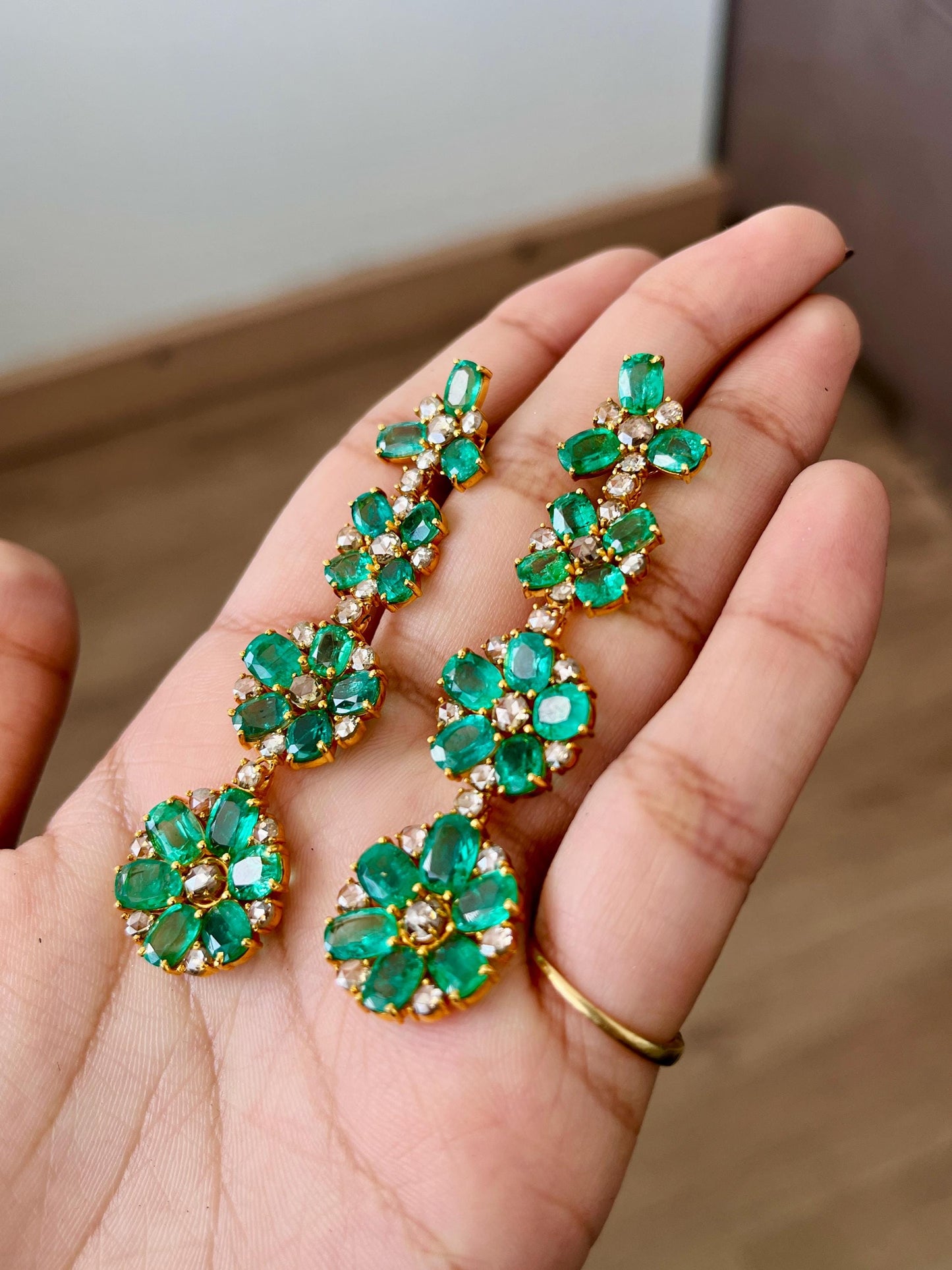 14k Gold Natural Zambian Emerald & Rose Cut Diamond Earrings - 19.01 Carats Emerald, 4.38 Carats Diamond Victorian Earrings