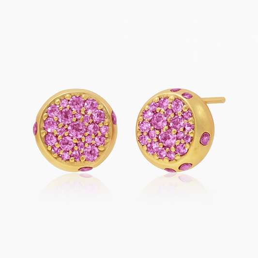 Solid Gold Natural Pink Sapphire Dome Minimalist Stud Earrings