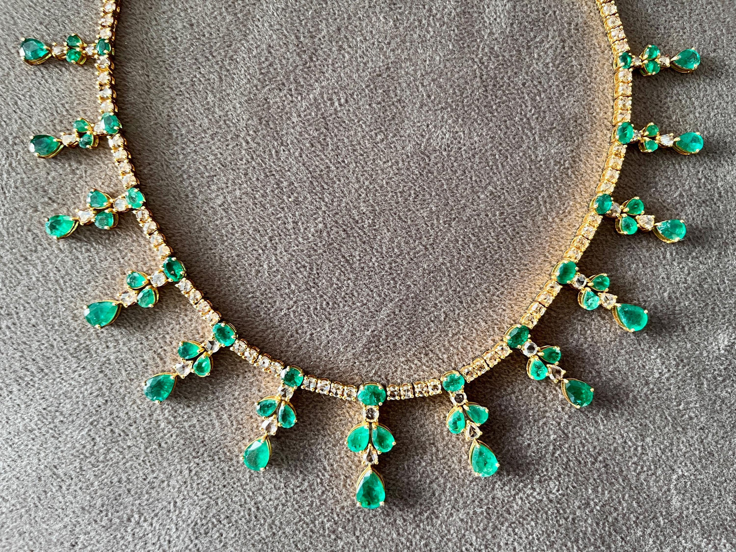 14k Gold Natural Zambian Emerald & Rose Cut Diamond Necklace - 24.21 Carats Emerald, 12.91 Carats Diamond Victorian Necklace