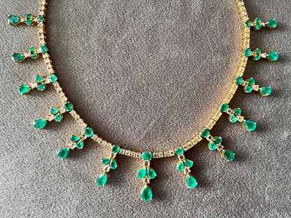 14k Gold Natural Zambian Emerald & Rose Cut Diamond Necklace - 24.21 Carats Emerald, 12.91 Carats Diamond Victorian Necklace