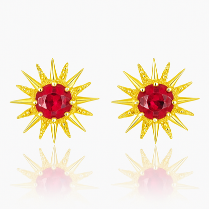 Solid Gold Natural Ruby Sunburst Art Deco Stud Earrings