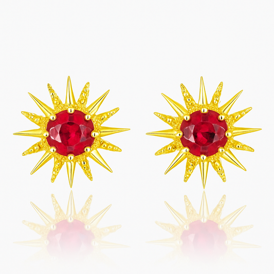 Solid Gold Natural Ruby Sunburst Art Deco Stud Earrings