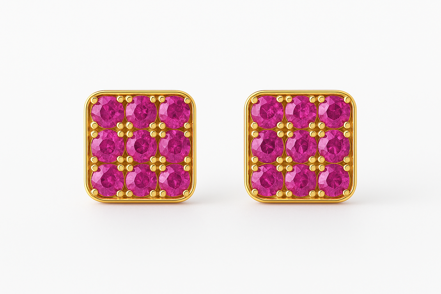 Square gold stud earrings featuring a grid of vivid red rubies set in a rounded-edge frame, with delicate gold bead prongs accentuating each stone. Displayed on a soft cream background with a subtle reflection.