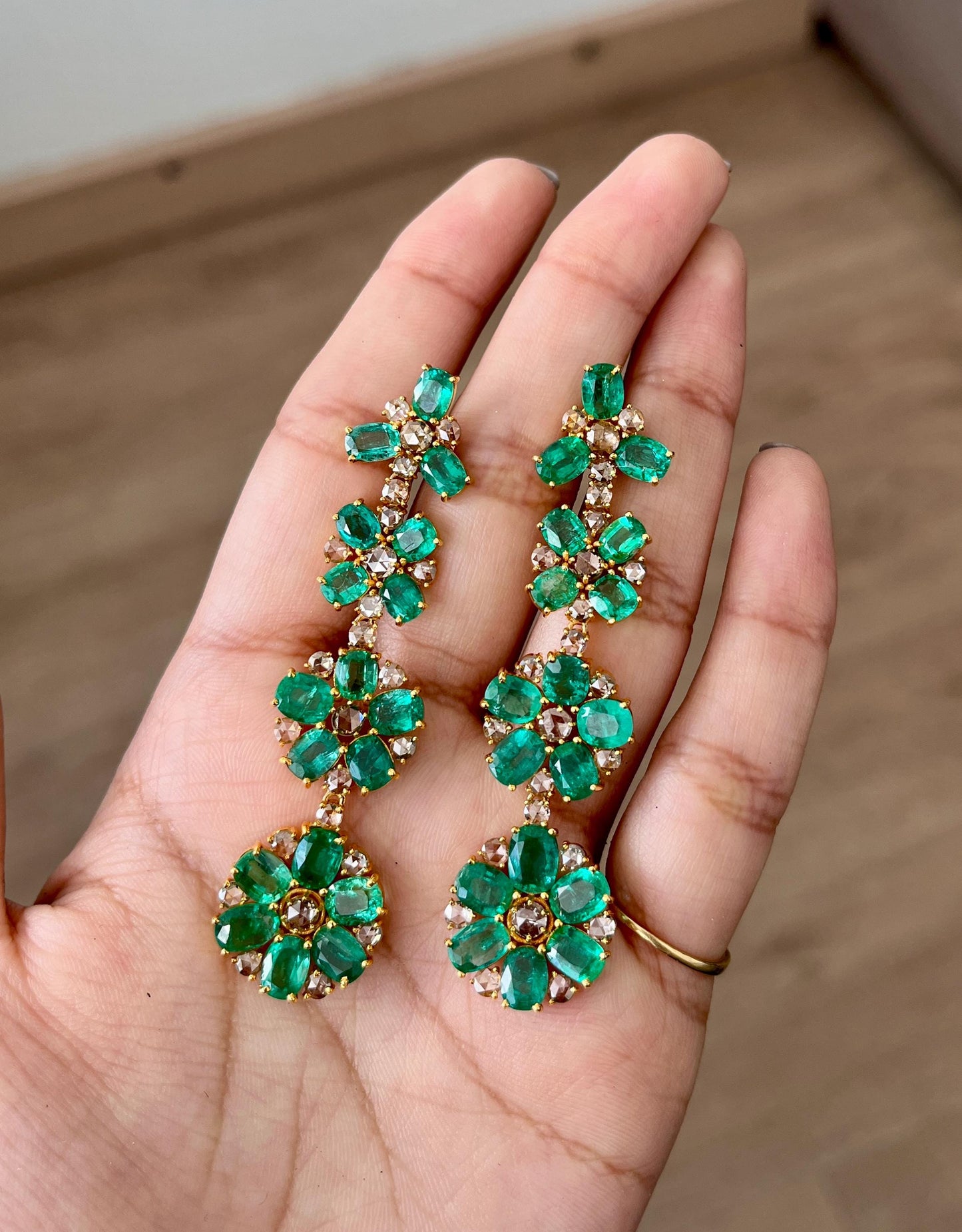 14k Gold Natural Zambian Emerald & Rose Cut Diamond Earrings - 19.01 Carats Emerald, 4.38 Carats Diamond Victorian Earrings