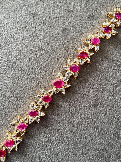 14k Gold Natural Ruby & Rose Cut Diamond Bracelet - 7.49 Carats Ruby, 9.03 Carats Diamond Art Nouveau Bracelet