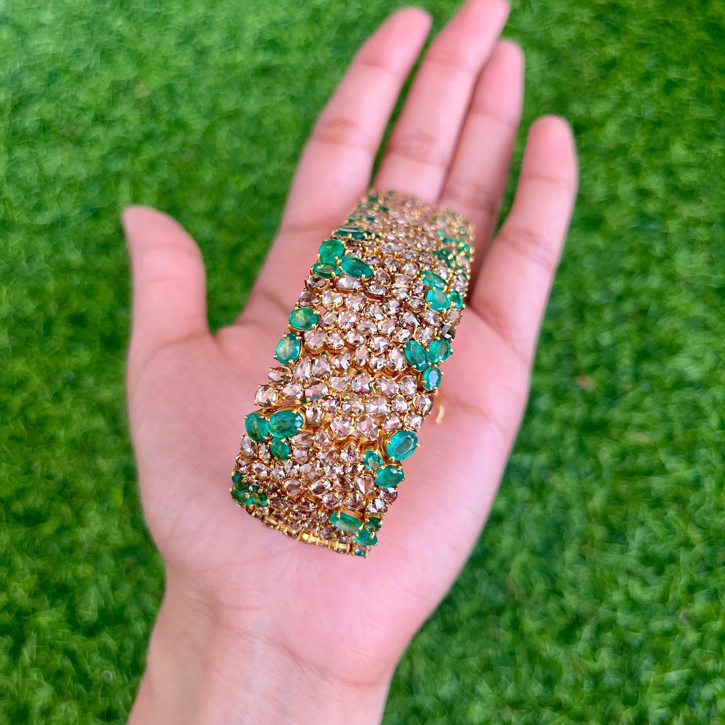 14k Gold Natural Zambian Emerald & Rose Cut Diamond Bracelet - 18.7 Carats Emerald, 24.18 Carats Diamond Victorian Bracelet