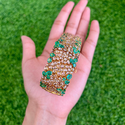 14k Gold Natural Zambian Emerald & Rose Cut Diamond Bracelet - 18.7 Carats Emerald, 24.18 Carats Diamond Victorian Bracelet