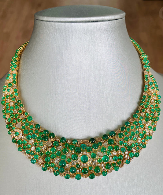 14k Gold Natural Zambian Emerald & Rose Cut Diamond Necklace - 56.43 Carats Emerald, 12.18 Carats Diamond Victorian Necklace