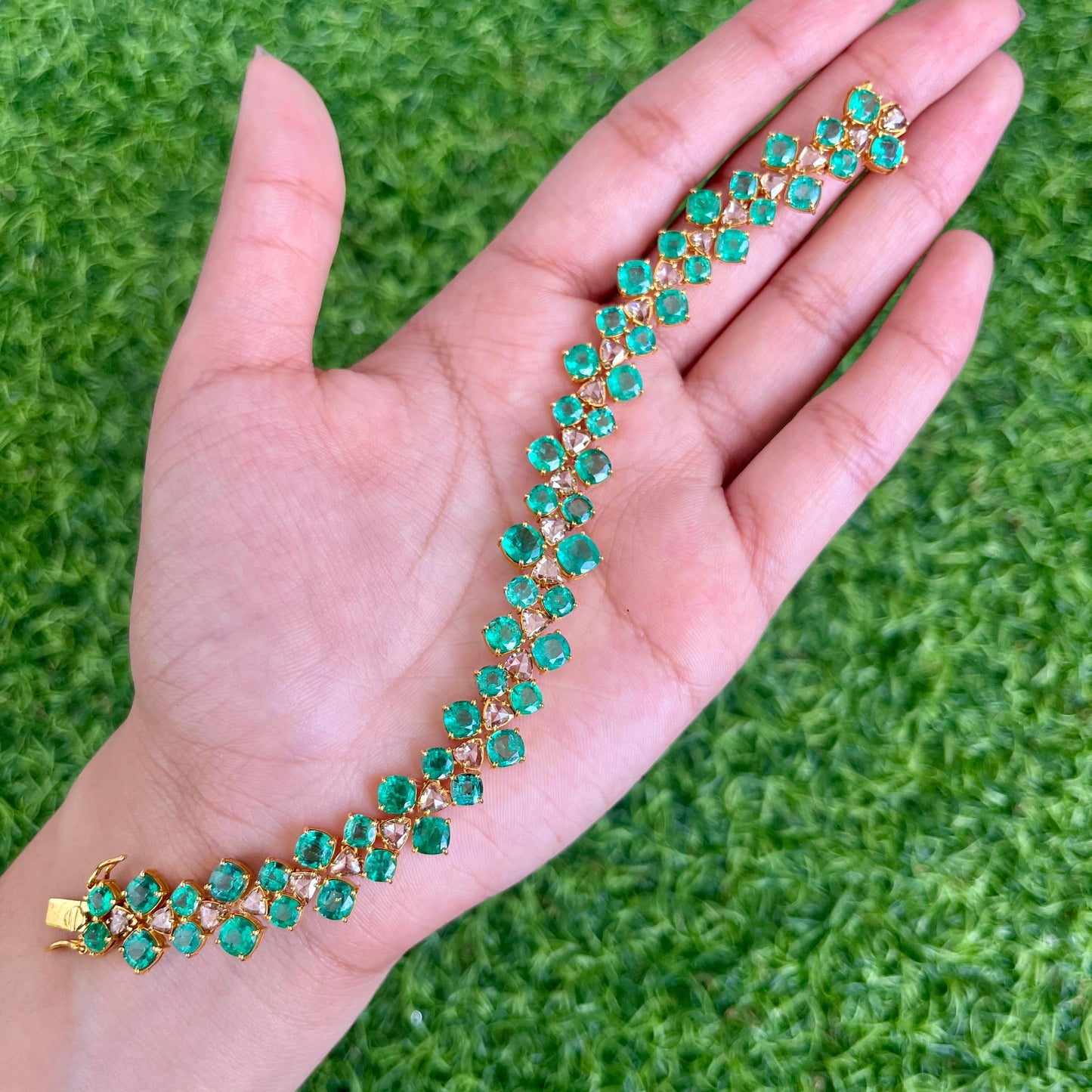 14k Gold Natural Zambian Emerald & Rose Cut Diamond Bracelet - 17.5 Carats Emerald, 3.02 Carats Diamond Art Deco Bracelet