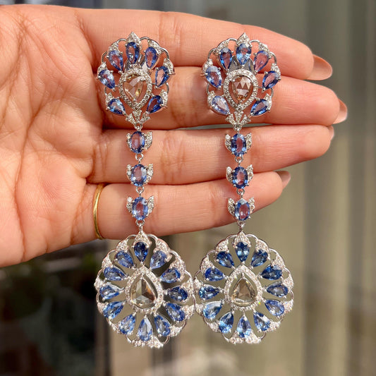 14k Gold Natural Blue Sapphire & Diamond Earrings - 19.5 Carats Sapphire, 3.74 Carats Diamond Victorian Earrings