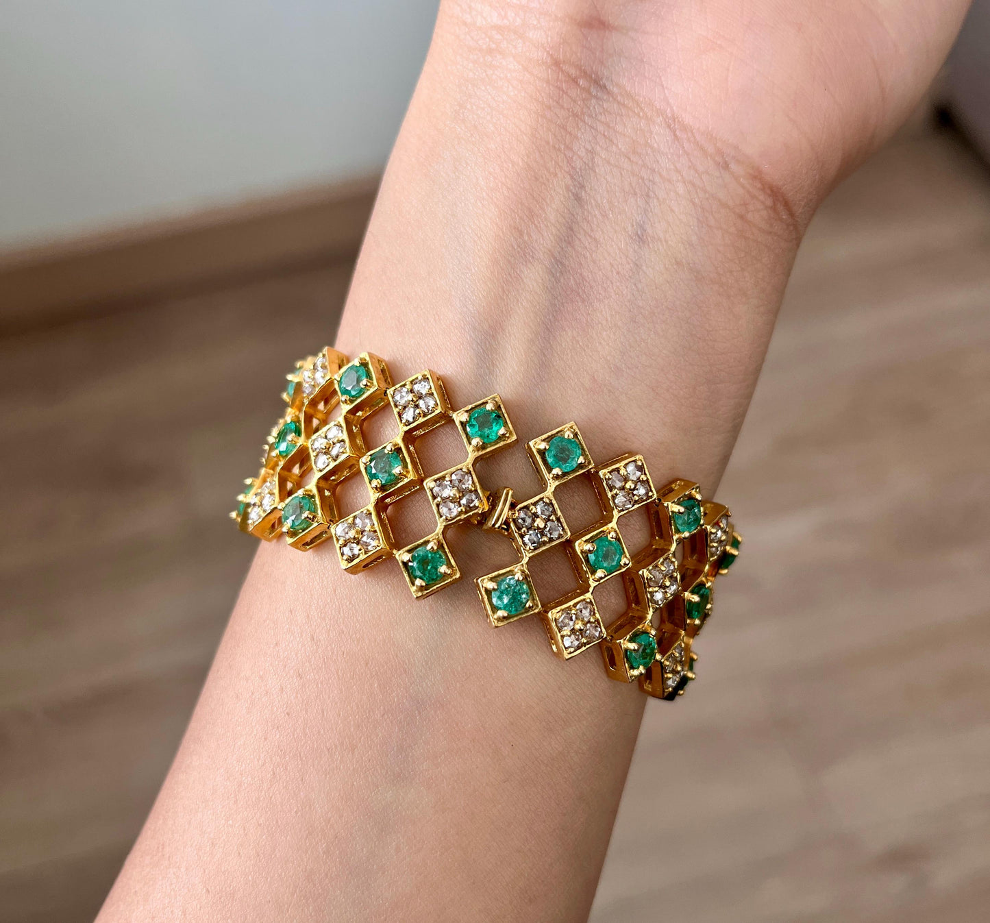 14k Gold Natural Zambian Emerald & Rose Cut Diamond Bracelet - 9.16 Carats Emerald, 5.48 Carats Diamond Art Deco Bracelet