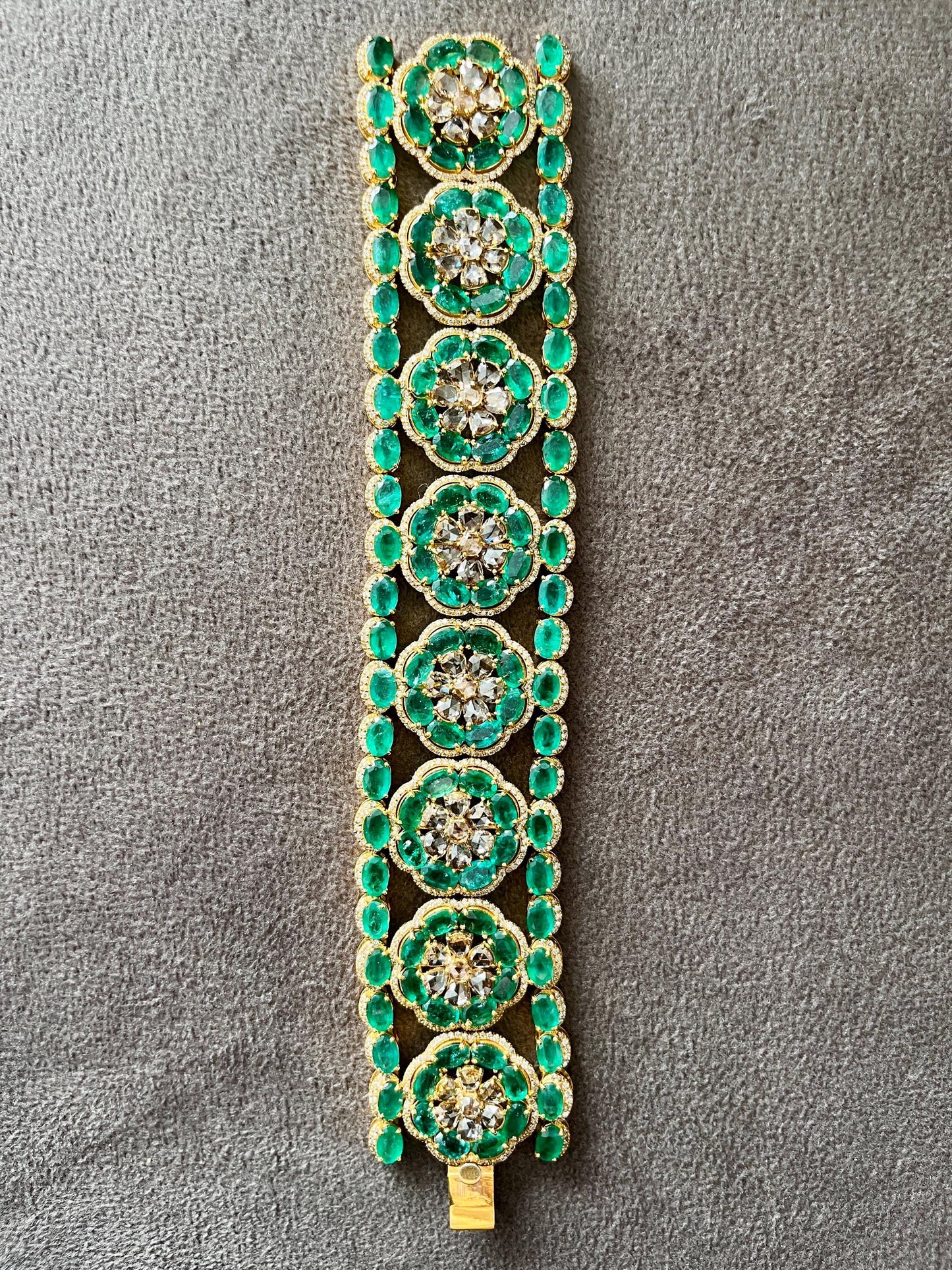 14k Gold Natural Zambian Emerald & Diamond Bracelet - 49.25 Carats Emerald, 12.24 Carats Diamond Victorian Bracelet