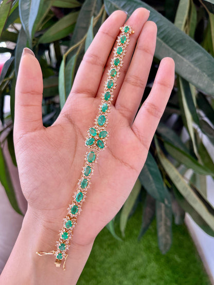 14k Gold Natural Zambian Emerald & Rose Cut Diamond Bracelet - 9.4 Carats Emerald, 4.35 Carats Diamond Art Deco Bracelet