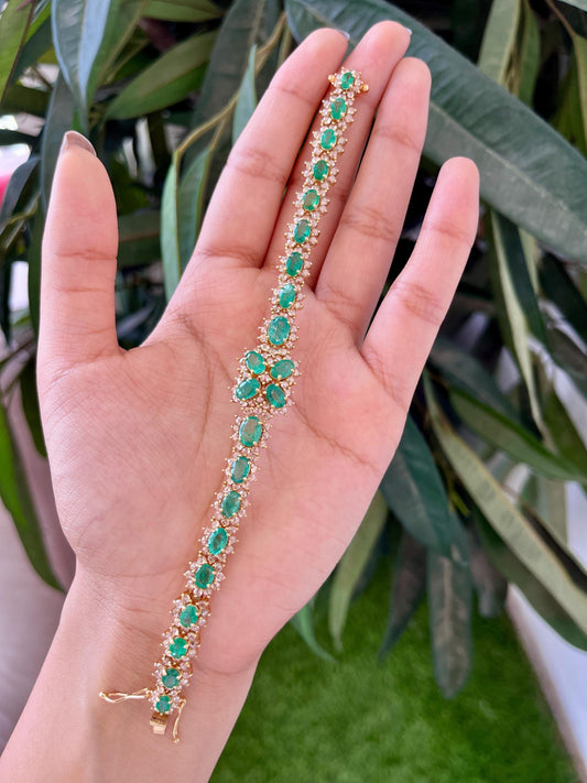 14k Gold Natural Zambian Emerald & Rose Cut Diamond Bracelet - 9.4 Carats Emerald, 4.35 Carats Diamond Art Deco Bracelet