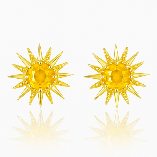 Solid Gold Natural Yellow Sapphire Sunburst Art Deco Stud Earrings