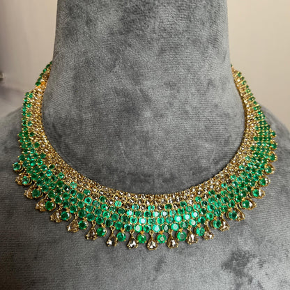 14k Gold Natural Zambian Emerald & Rose Cut Diamond Necklace - 50.6 Carats Emerald, 21.43 Carats Diamond Victorian Necklace