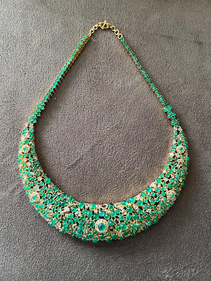 14k Gold Natural Zambian Emerald & Rose Cut Diamond Necklace - 56.43 Carats Emerald, 12.18 Carats Diamond Victorian Necklace
