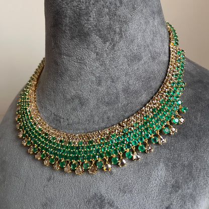 14k Gold Natural Zambian Emerald & Rose Cut Diamond Necklace - 50.6 Carats Emerald, 21.43 Carats Diamond Victorian Necklace